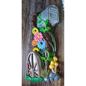 Vintage 80s Wall Plaque Mailbox Flowers Wagon Wheel Country Farmhouse Decor 1981
